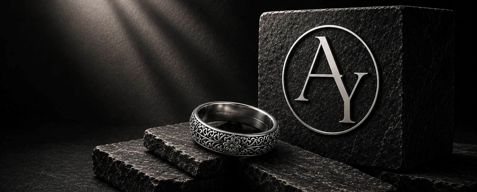 Engraved sterling silver ring with the AY AURELUNE mark