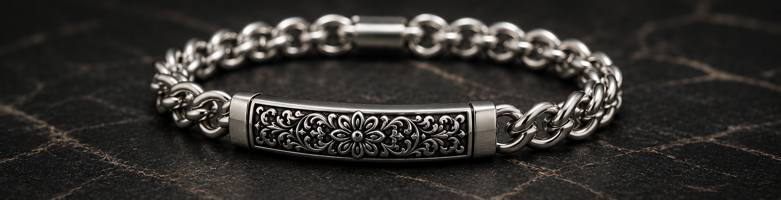 Hand-finished sterling silver bracelet with engraved floral plate