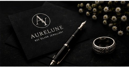 AURELUNE card, fountain pen and engraved silver ring on dark stone with white flowers