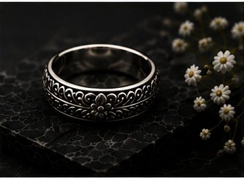 Engraved sterling silver ring on dark stone with white flowers