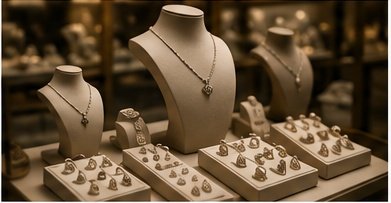 Luxury jewellery display of necklaces, rings and earrings
